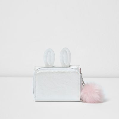 Girls white foldover bunny pom pom purse